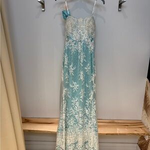 Tony Bowls Blue and White Lace Prom Dress